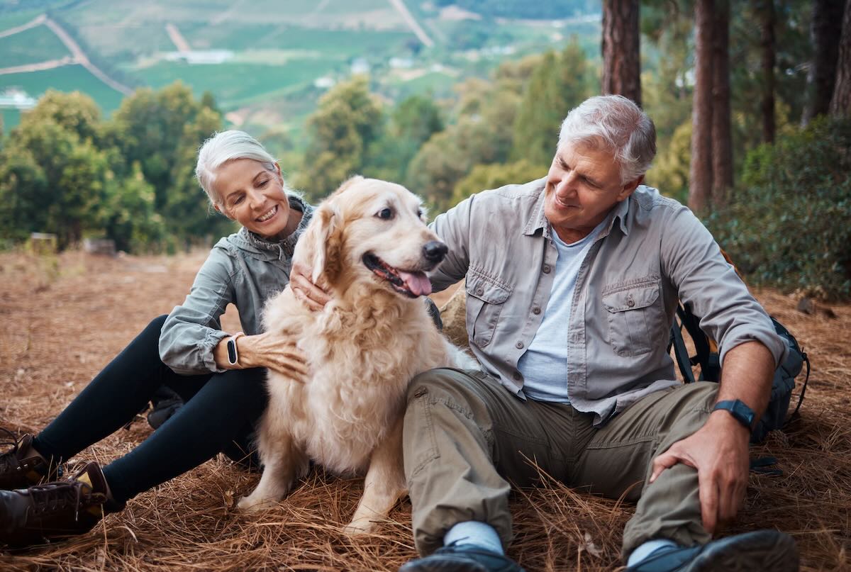 Mature couple with a dog resting during a hike